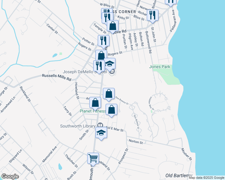 map of restaurants, bars, coffee shops, grocery stores, and more near 676 Dartmouth Street in Dartmouth