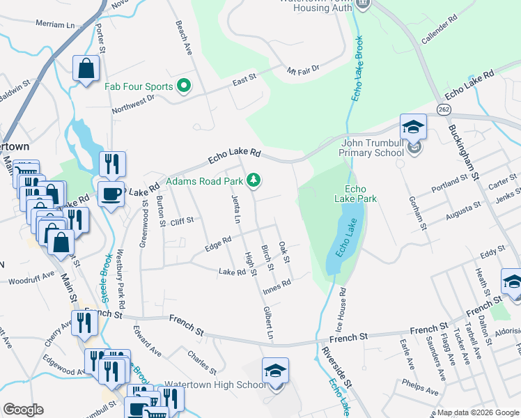 map of restaurants, bars, coffee shops, grocery stores, and more near 7 Mallory Road in Watertown