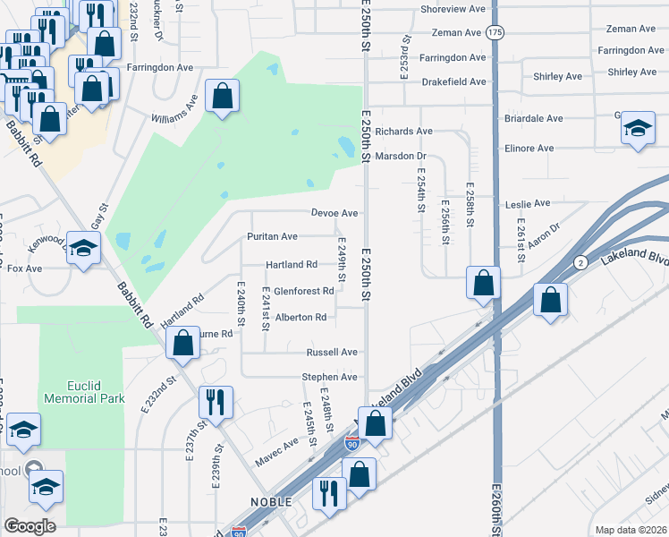 map of restaurants, bars, coffee shops, grocery stores, and more near 735 East 249th Street in Euclid