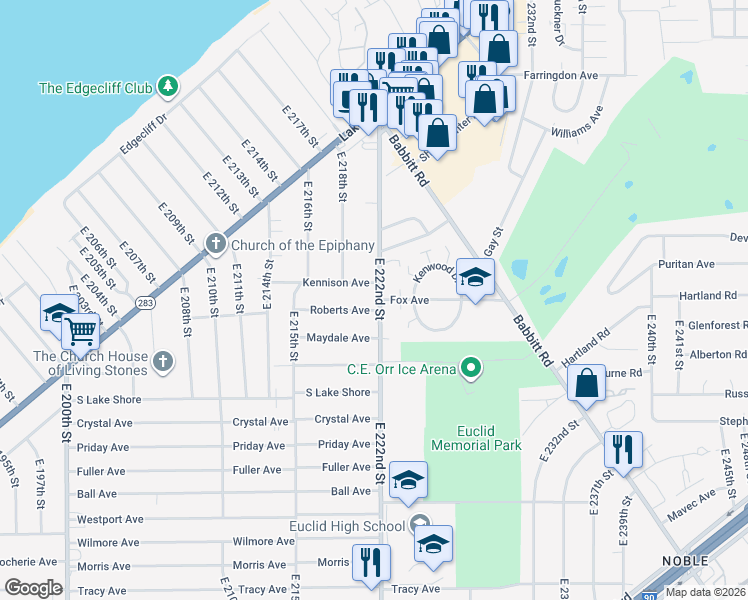 map of restaurants, bars, coffee shops, grocery stores, and more near 397 East 222nd Street in Euclid
