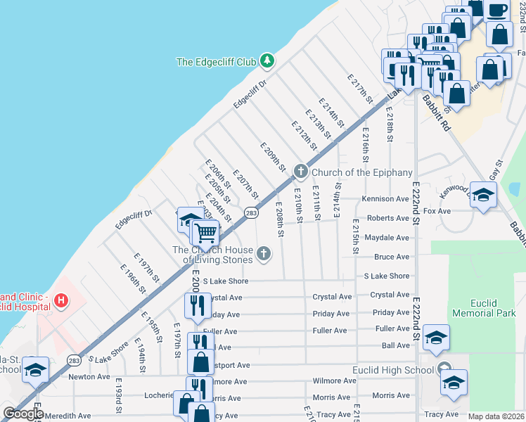 map of restaurants, bars, coffee shops, grocery stores, and more near 20770 Lakeshore Boulevard in Euclid