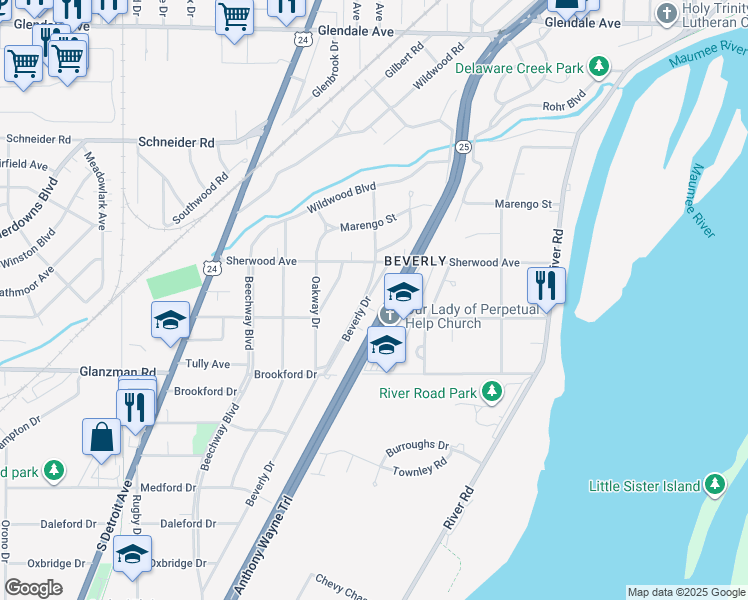map of restaurants, bars, coffee shops, grocery stores, and more near 3428 Beverly Drive in Toledo