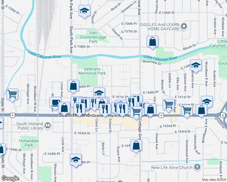 map of restaurants, bars, coffee shops, grocery stores, and more near 16015 School Street in South Holland