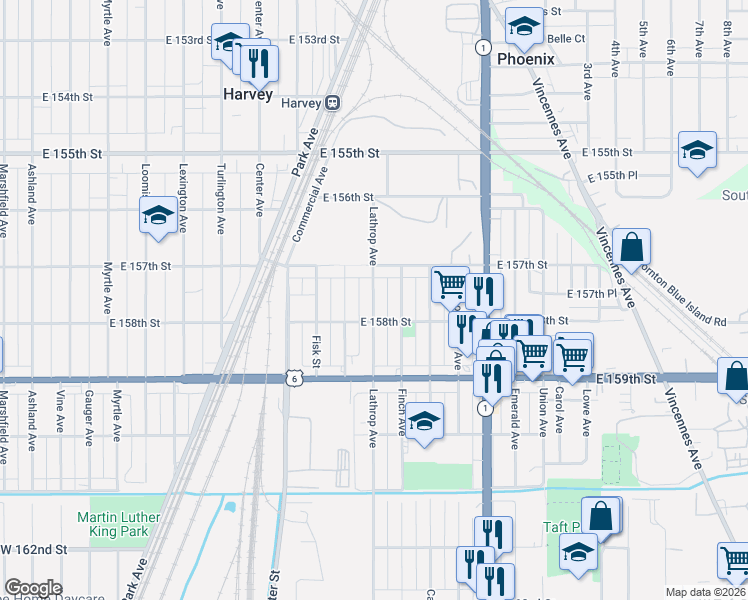 map of restaurants, bars, coffee shops, grocery stores, and more near 15715 Willard Avenue in Harvey