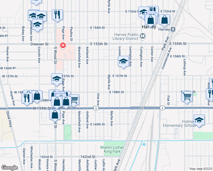 map of restaurants, bars, coffee shops, grocery stores, and more near 15711 Myrtle Avenue in Harvey
