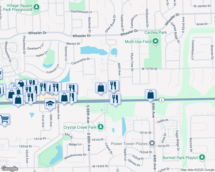 map of restaurants, bars, coffee shops, grocery stores, and more near 15810 Orlan Brook Drive in Orland Park