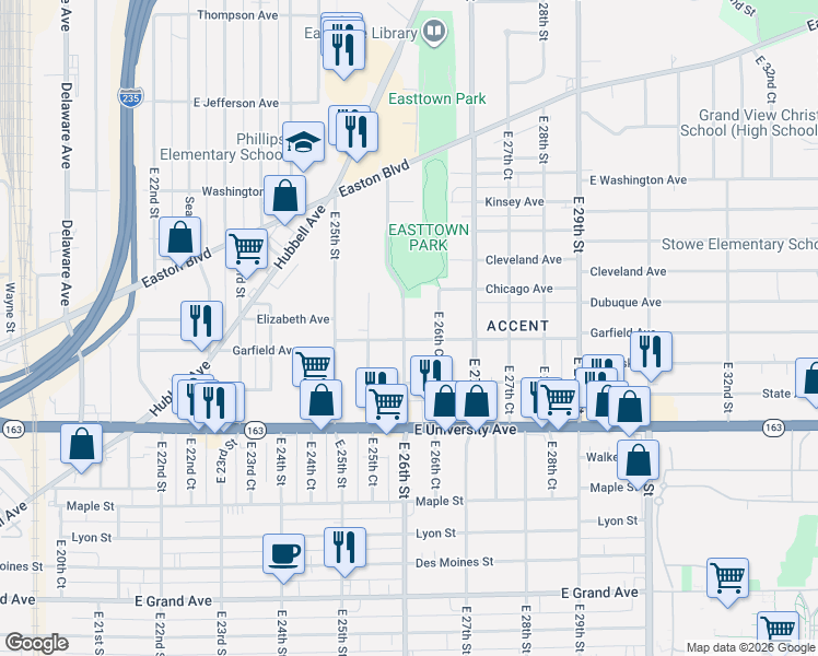map of restaurants, bars, coffee shops, grocery stores, and more near 1324 East 26th Street in Des Moines