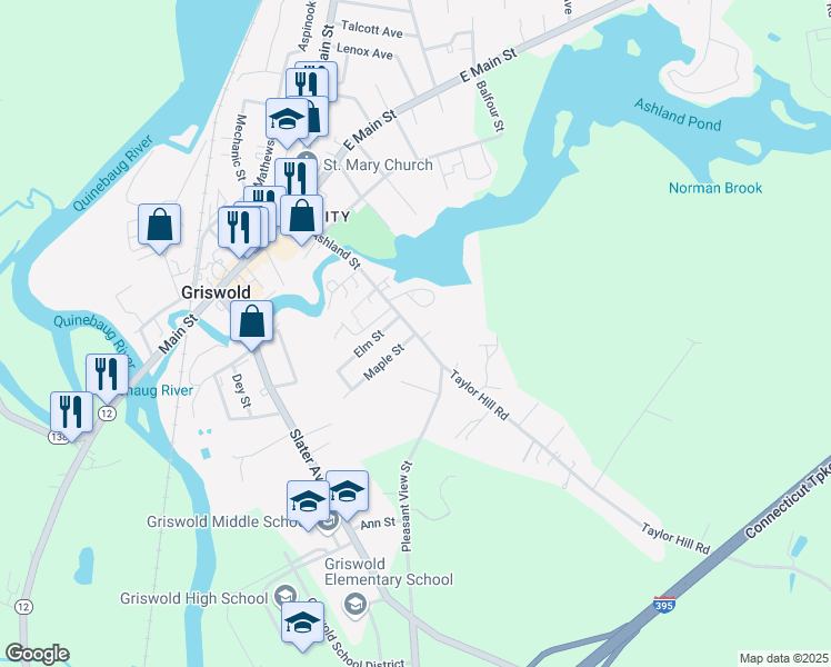 map of restaurants, bars, coffee shops, grocery stores, and more near Ashland Street & Maple Street in Griswold
