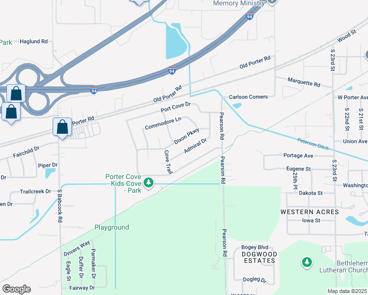 map of restaurants, bars, coffee shops, grocery stores, and more near 1434 Admiral Drive in Porter