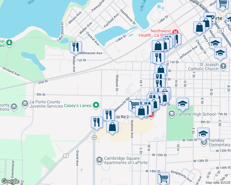 map of restaurants, bars, coffee shops, grocery stores, and more near 403 Wabash Street in La Porte