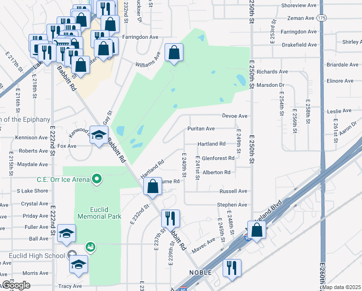 map of restaurants, bars, coffee shops, grocery stores, and more near 23880 Puritan Avenue in Euclid