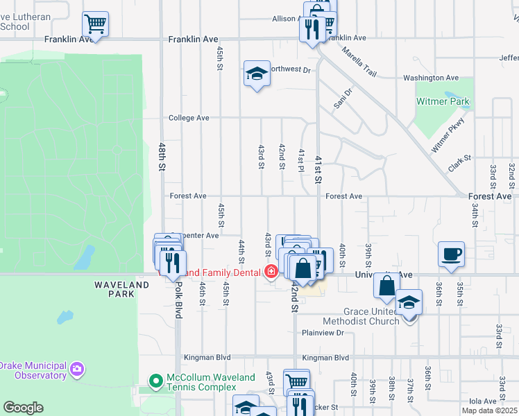map of restaurants, bars, coffee shops, grocery stores, and more near 1348 43rd Street in Des Moines