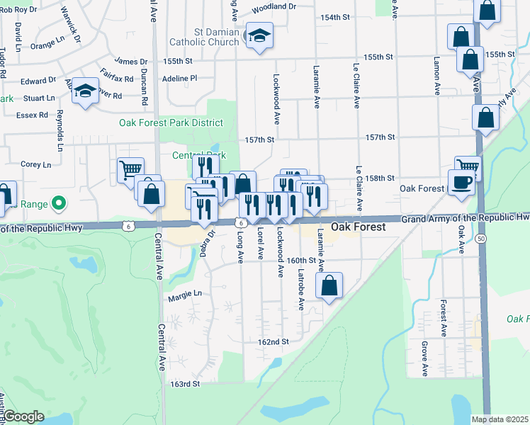 map of restaurants, bars, coffee shops, grocery stores, and more near 15811 Lorel Avenue in Oak Forest