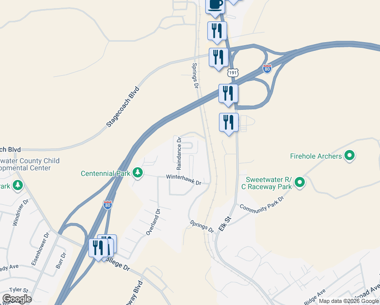map of restaurants, bars, coffee shops, grocery stores, and more near 847 Moccasin Lane in Rock Springs