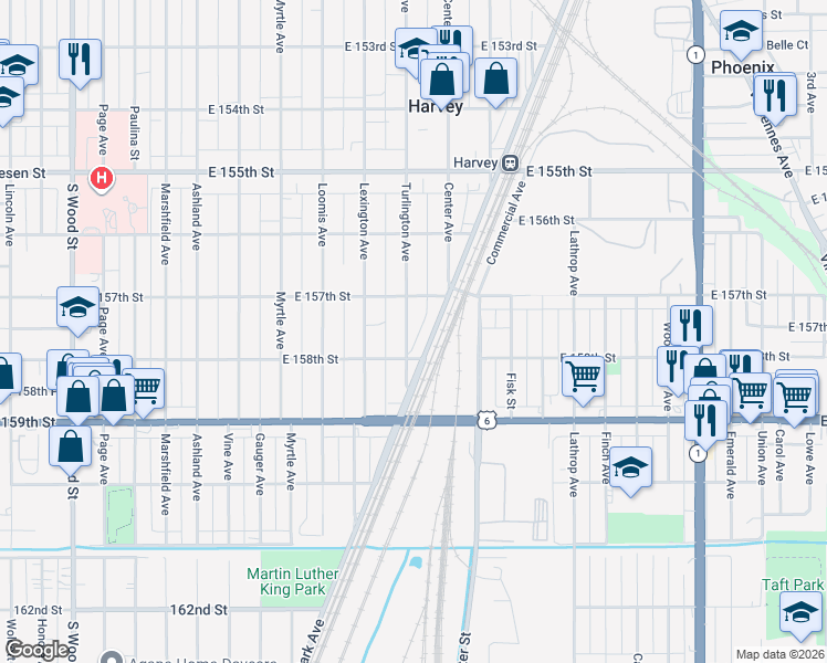 map of restaurants, bars, coffee shops, grocery stores, and more near 15712 Turlington Avenue in Harvey