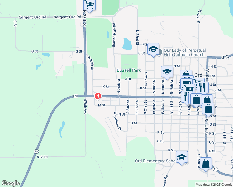 map of restaurants, bars, coffee shops, grocery stores, and more near 2401-2699 K Street in Ord