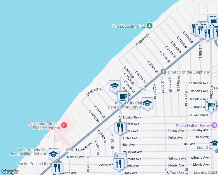 map of restaurants, bars, coffee shops, grocery stores, and more near 81 East 201st Street in Euclid