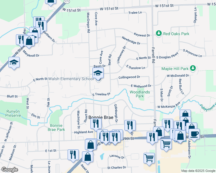 map of restaurants, bars, coffee shops, grocery stores, and more near 521 Reef Road in Lockport