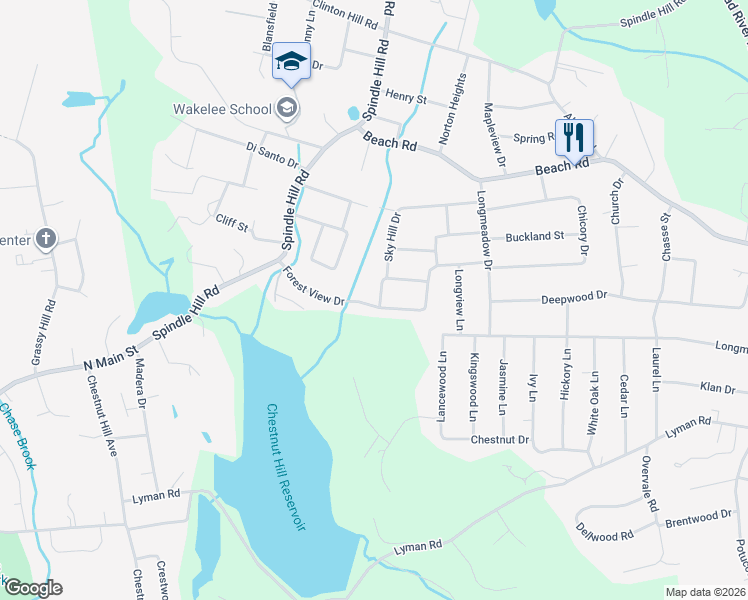 map of restaurants, bars, coffee shops, grocery stores, and more near 98 Sky Hill Drive in Wolcott