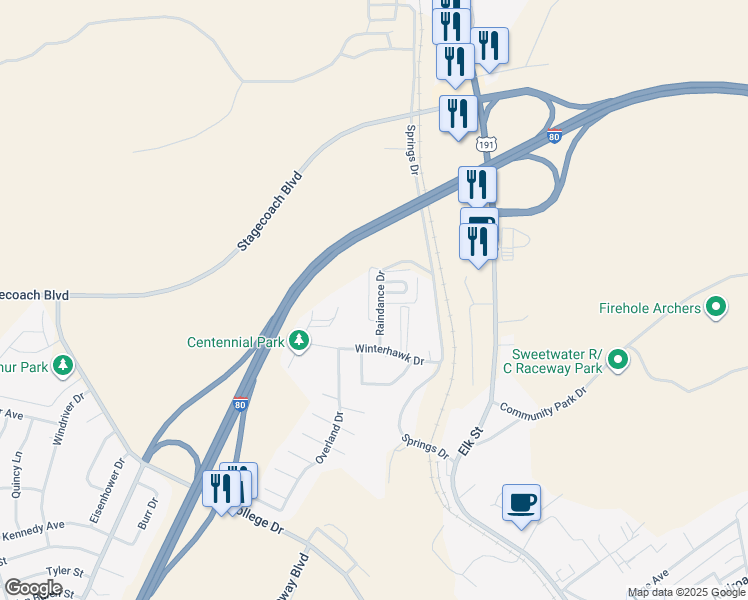map of restaurants, bars, coffee shops, grocery stores, and more near 1420 Raindance Drive in Rock Springs