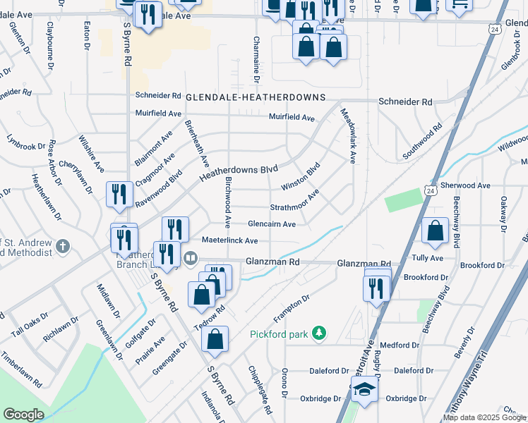 map of restaurants, bars, coffee shops, grocery stores, and more near 3110 Strathmoor Avenue in Toledo