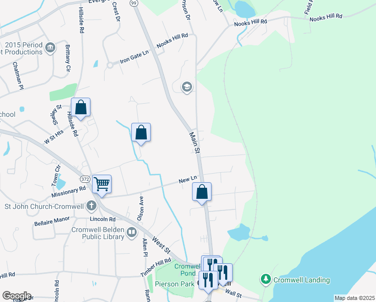 map of restaurants, bars, coffee shops, grocery stores, and more near 421 Main Street in Cromwell