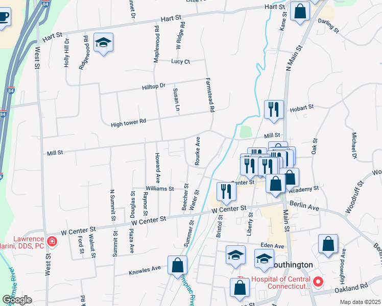 map of restaurants, bars, coffee shops, grocery stores, and more near 165 Beecher Street in Southington