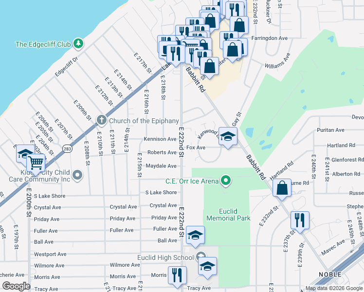 map of restaurants, bars, coffee shops, grocery stores, and more near 397 East 222nd Street in Euclid