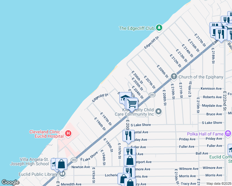 map of restaurants, bars, coffee shops, grocery stores, and more near 81 East 201st Street in Euclid