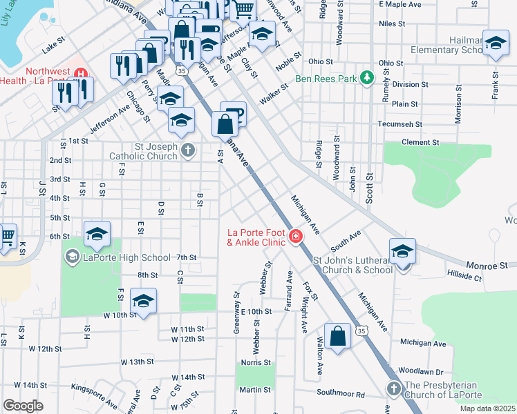 map of restaurants, bars, coffee shops, grocery stores, and more near 1306 Indiana Avenue in La Porte