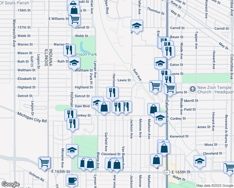 map of restaurants, bars, coffee shops, grocery stores, and more near 506 Highland Street in Hammond