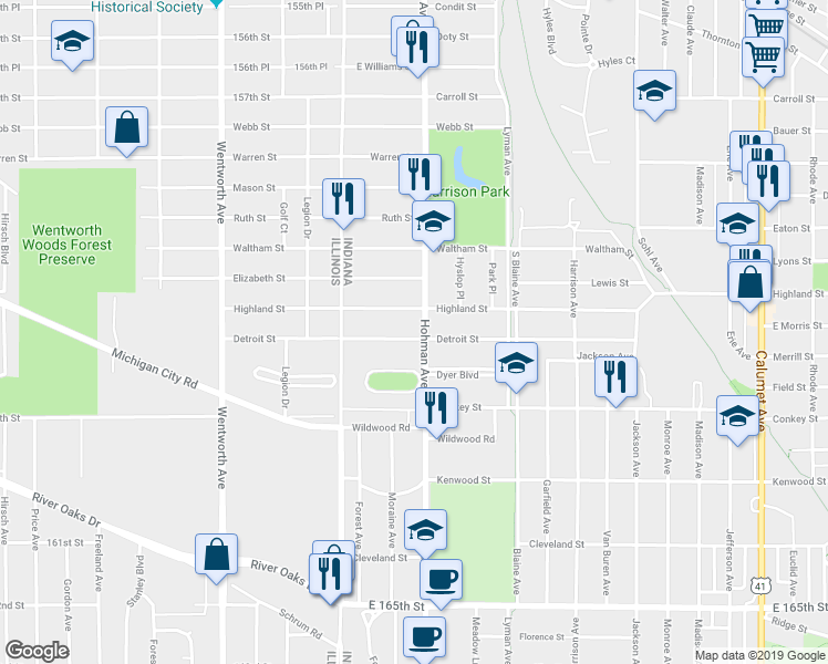 map of restaurants, bars, coffee shops, grocery stores, and more near 6030-6034 Hohman Avenue in Hammond