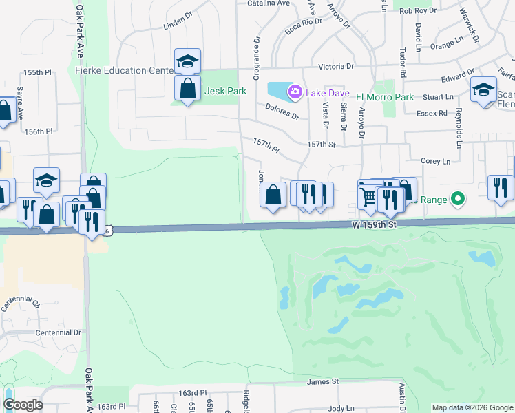 map of restaurants, bars, coffee shops, grocery stores, and more near 15817 Jon Road in Oak Forest