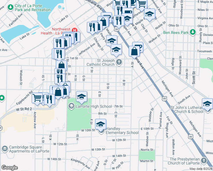 map of restaurants, bars, coffee shops, grocery stores, and more near 406 D Street in La Porte