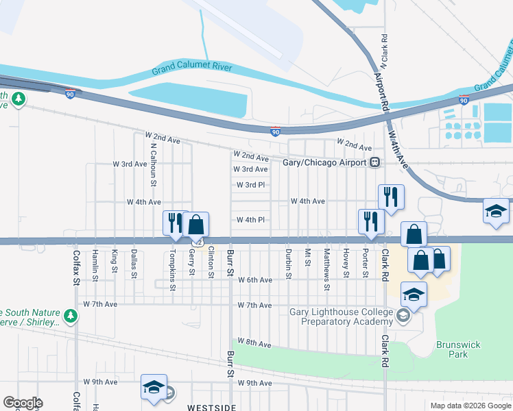 map of restaurants, bars, coffee shops, grocery stores, and more near 5232 West 4th Avenue in Gary