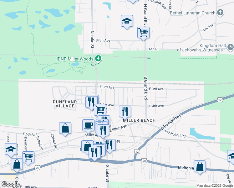 map of restaurants, bars, coffee shops, grocery stores, and more near 300 South Henry Street in Gary