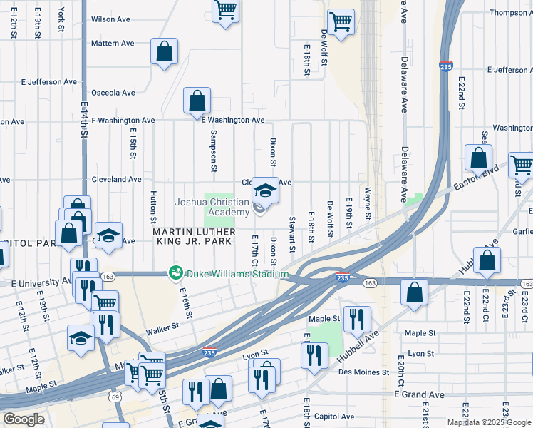 map of restaurants, bars, coffee shops, grocery stores, and more near 1740 Garfield Avenue in Des Moines