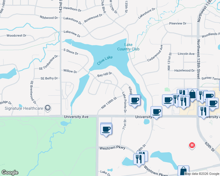 map of restaurants, bars, coffee shops, grocery stores, and more near 1447 Northwest 137th Court in Clive