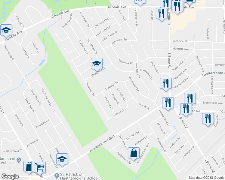 map of restaurants, bars, coffee shops, grocery stores, and more near 1913 Firlawn Drive in Toledo