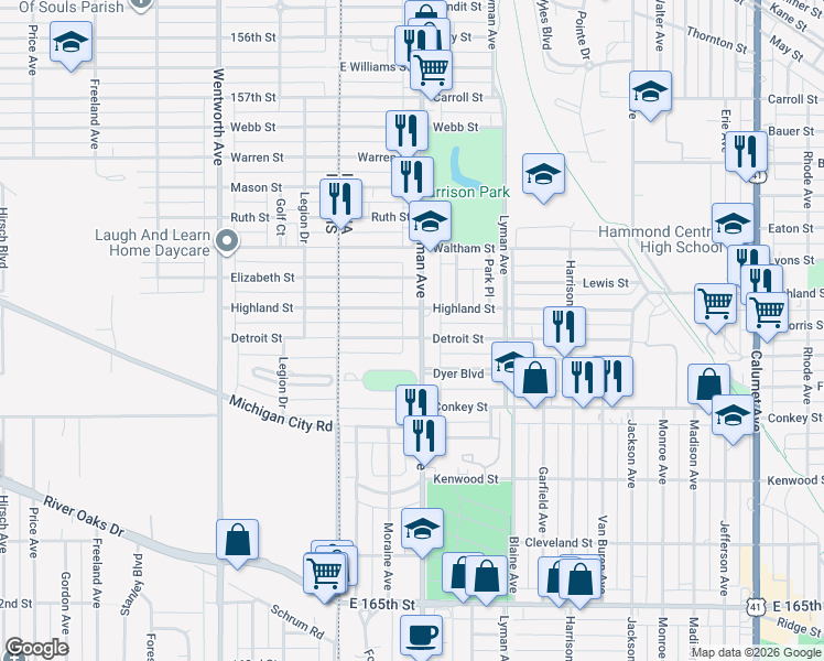 map of restaurants, bars, coffee shops, grocery stores, and more near 6030-6034 Hohman Avenue in Hammond
