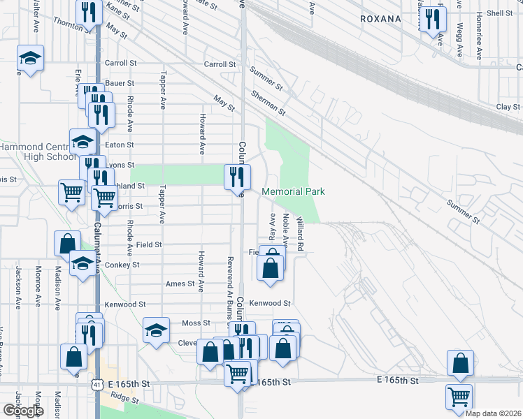 map of restaurants, bars, coffee shops, grocery stores, and more near 1220 Highland Street in Hammond