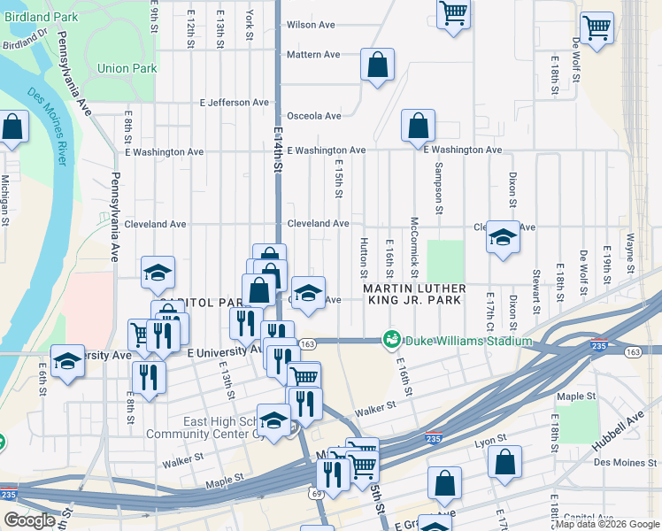 map of restaurants, bars, coffee shops, grocery stores, and more near 1355 Idaho Street in Des Moines