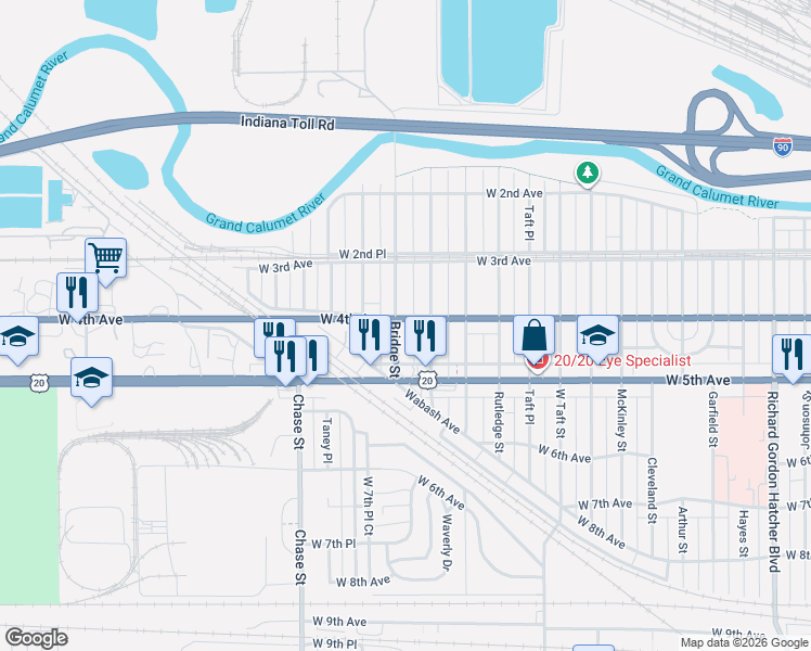map of restaurants, bars, coffee shops, grocery stores, and more near 364 Bridge Street in Gary
