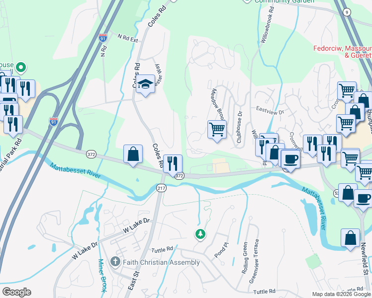 map of restaurants, bars, coffee shops, grocery stores, and more near 121 Country Squire Drive in Cromwell