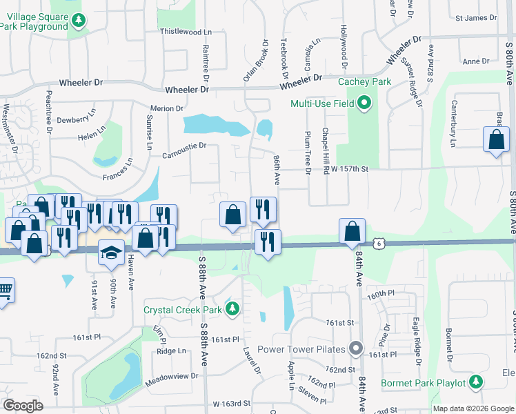map of restaurants, bars, coffee shops, grocery stores, and more near 15817 Orlan Brook Drive in Orland Park