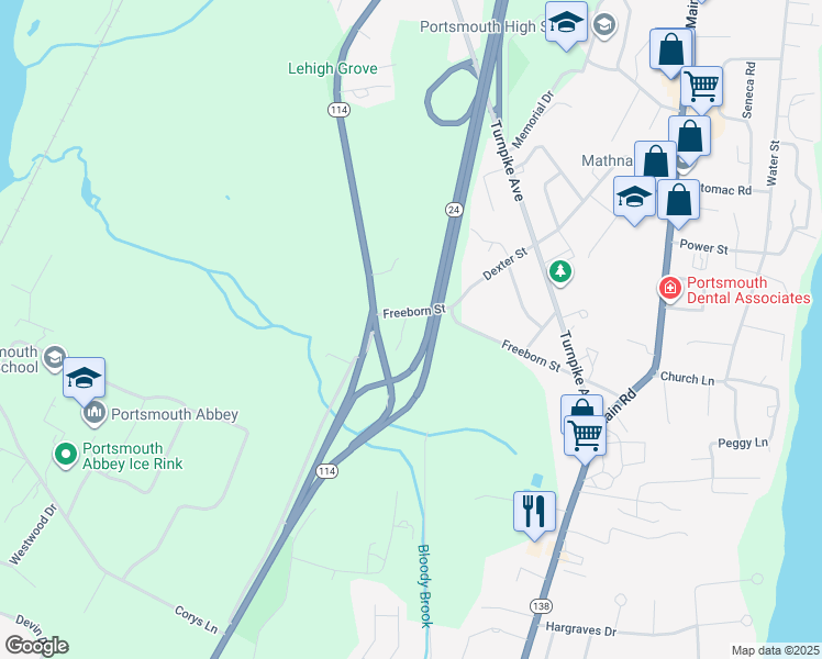 map of restaurants, bars, coffee shops, grocery stores, and more near 7 Statue Way in Portsmouth