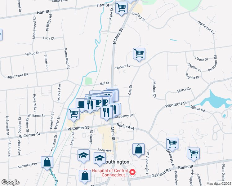 map of restaurants, bars, coffee shops, grocery stores, and more near 117 North Main Street in Southington