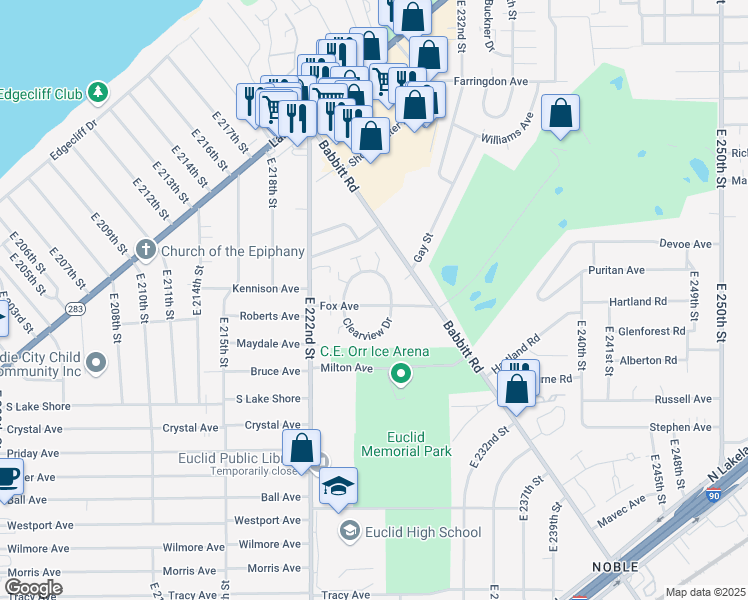 map of restaurants, bars, coffee shops, grocery stores, and more near 490 Kenwood Drive in Euclid