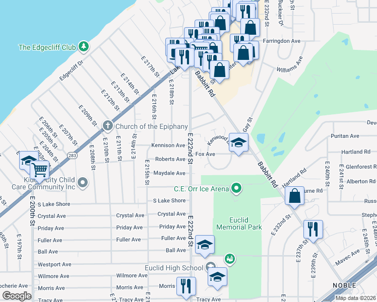 map of restaurants, bars, coffee shops, grocery stores, and more near 397 East 222nd Street in Euclid