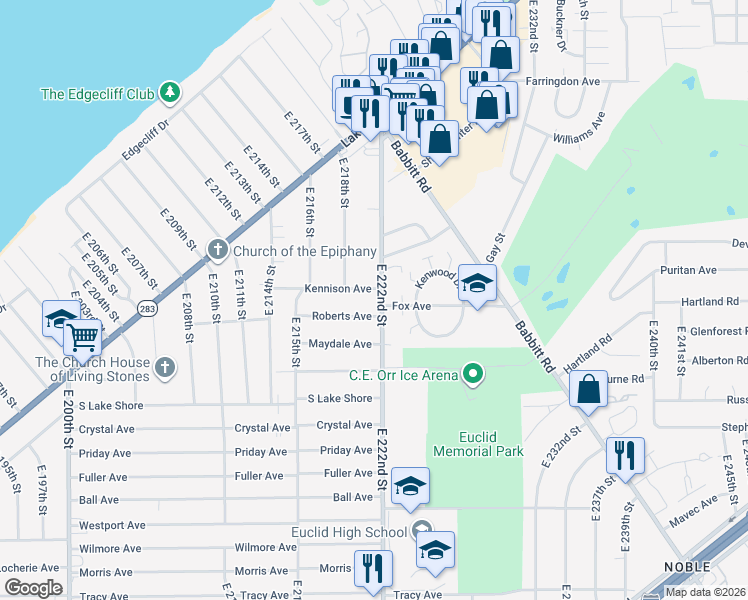 map of restaurants, bars, coffee shops, grocery stores, and more near 397 East 222nd Street in Euclid